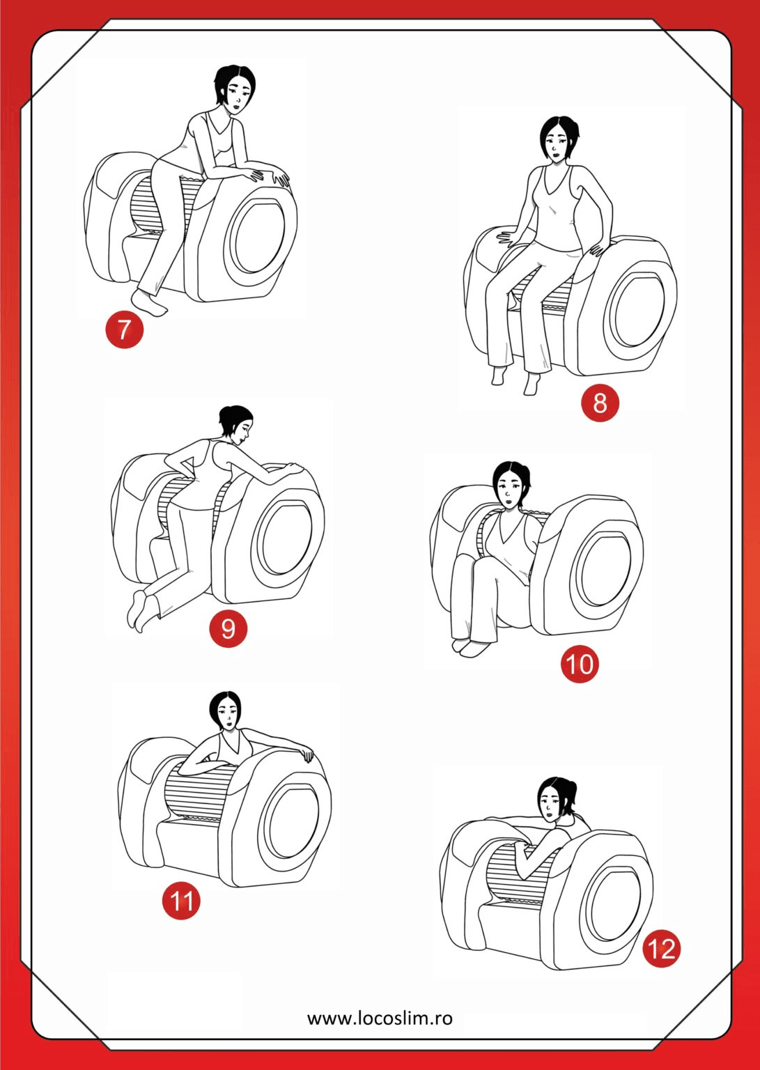 Ghid de utilizare R FIT, pagina 2: pozițiile 7–12 ale exercițiilor pe echipamentul R FIT, ilustrate pas cu pas